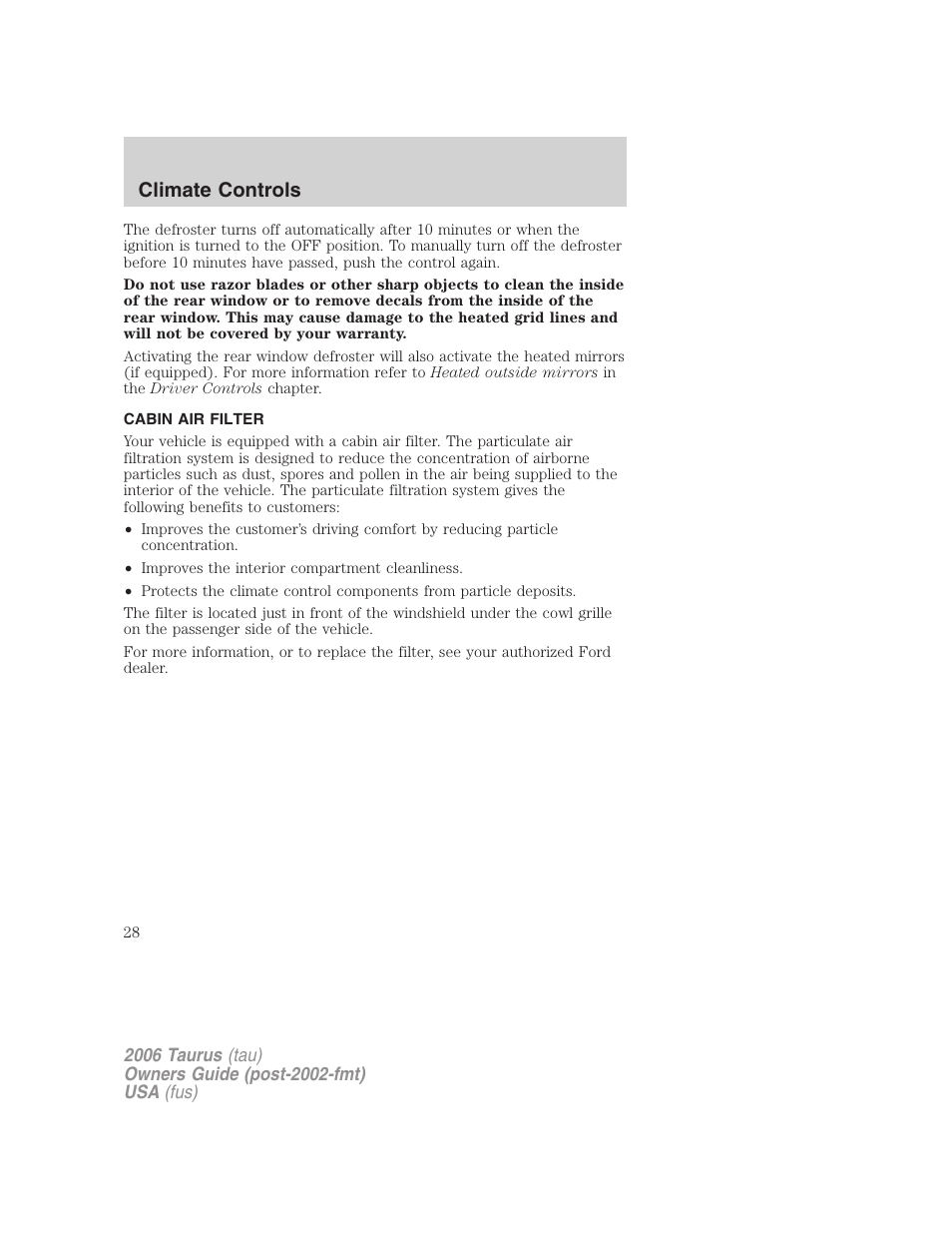 Cabin air filter, Climate controls | FORD 2006 Taurus User Manual | Page 28 / 232