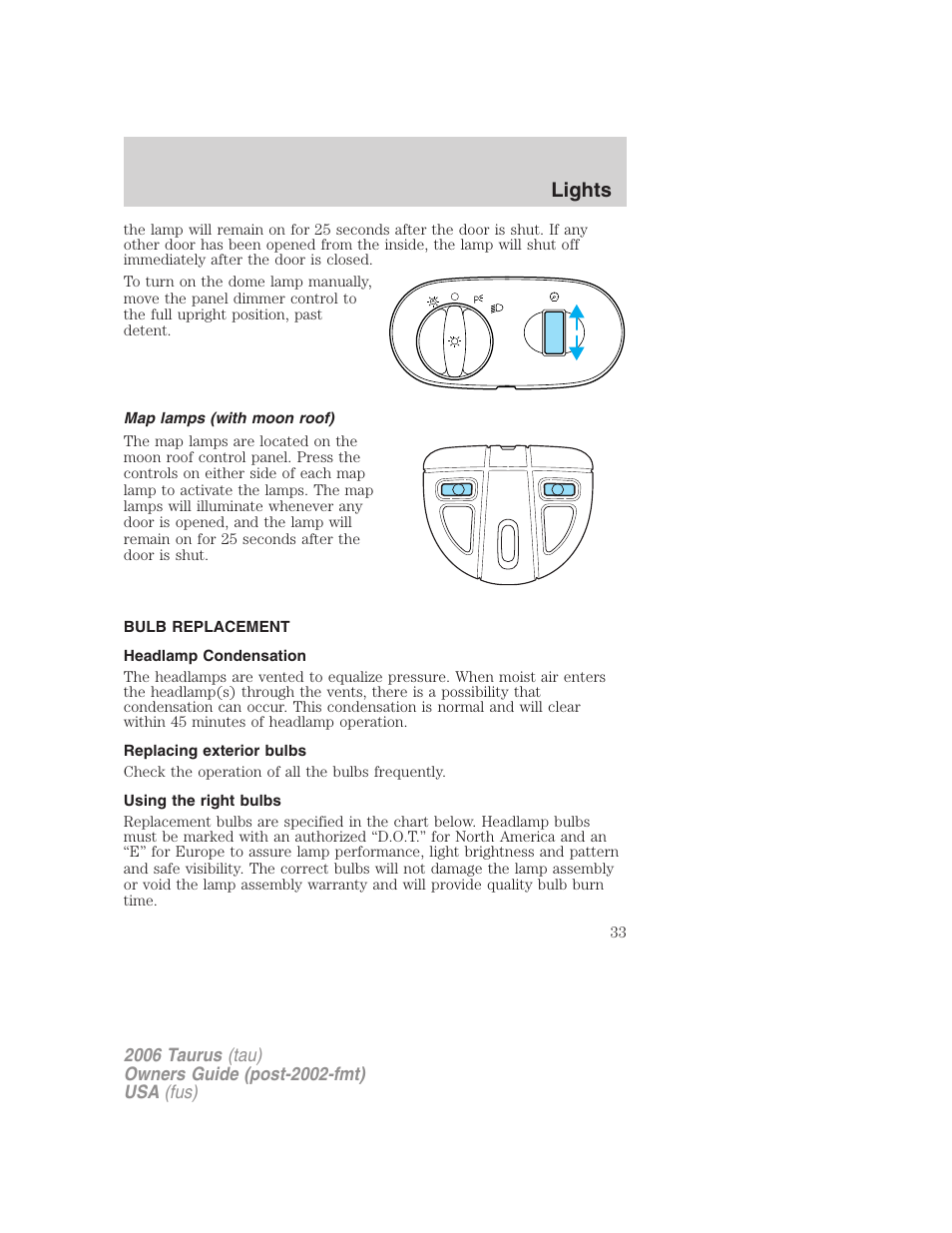 Map lamps (with moon roof), Bulb replacement, Headlamp condensation | Replacing exterior bulbs, Using the right bulbs, Lights | FORD 2006 Taurus User Manual | Page 33 / 232