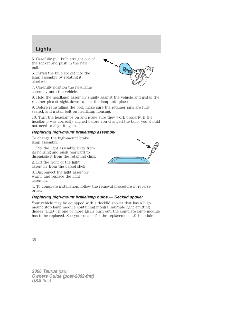 Replacing high-mount brakelamp assembly, Lights | FORD 2006 Taurus User Manual | Page 38 / 232