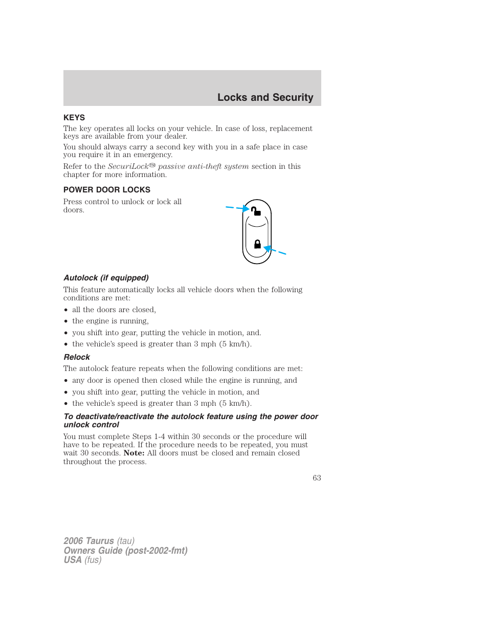 Locks and security, Keys, Power door locks | Autolock (if equipped), Relock, Locks | FORD 2006 Taurus User Manual | Page 63 / 232