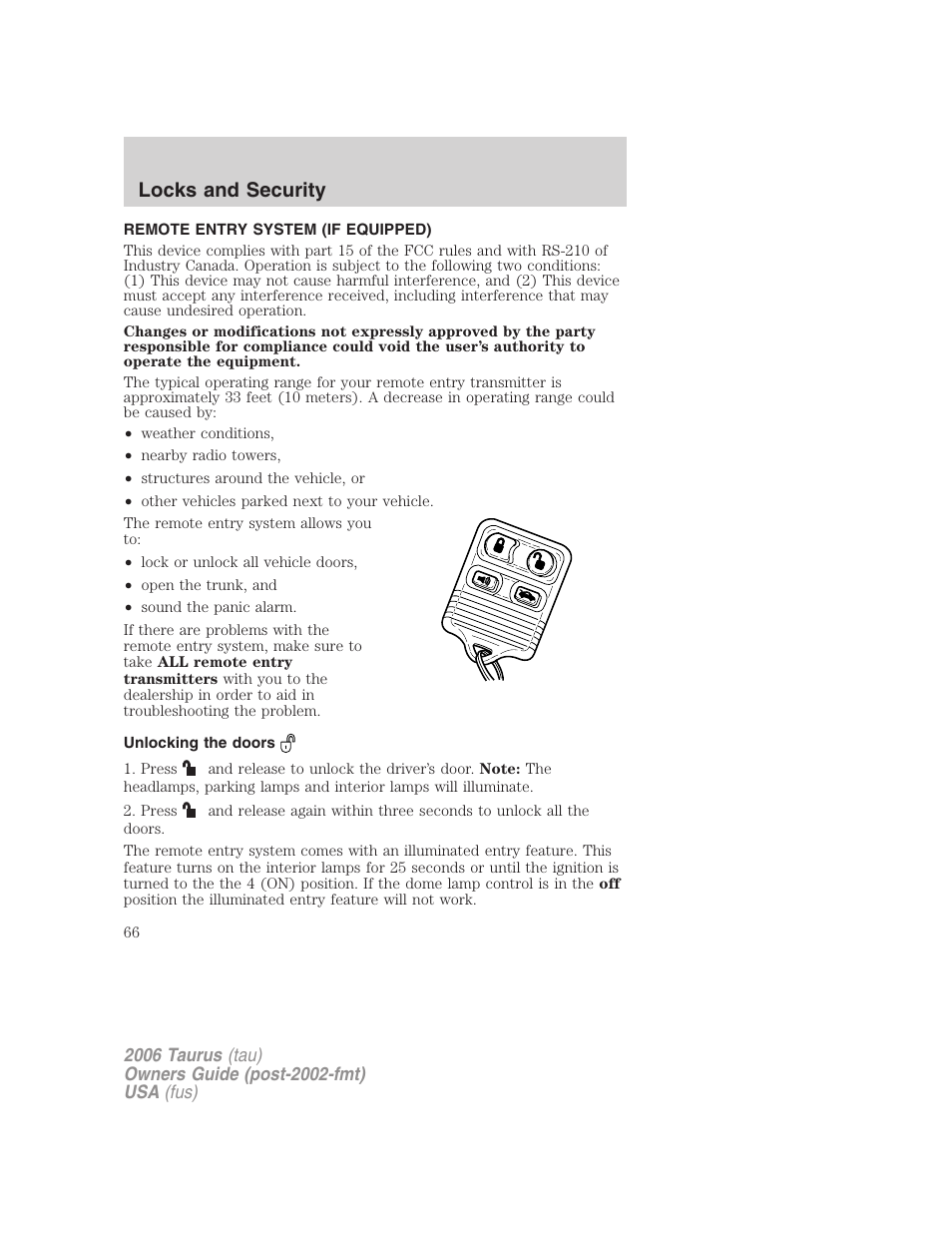 Remote entry system (if equipped), Unlocking the doors, Locks and security | FORD 2006 Taurus User Manual | Page 66 / 232