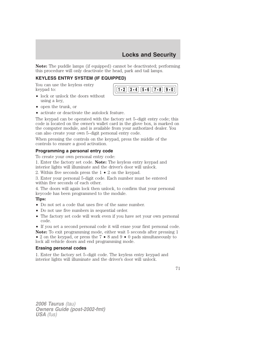 Keyless entry system (if equipped), Programming a personal entry code, Erasing personal codes | Locks and security | FORD 2006 Taurus User Manual | Page 71 / 232