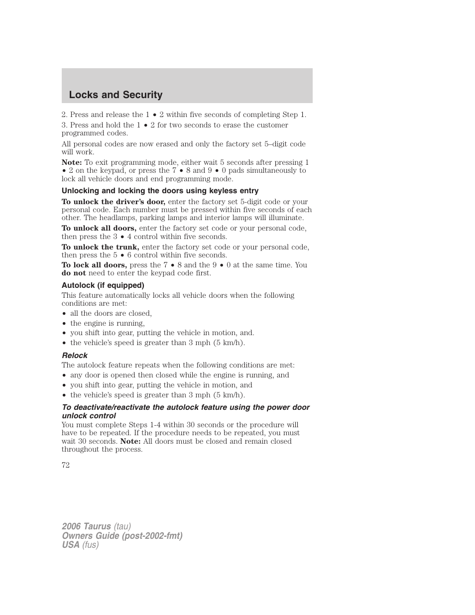 Autolock (if equipped), Relock, Locks and security | FORD 2006 Taurus User Manual | Page 72 / 232