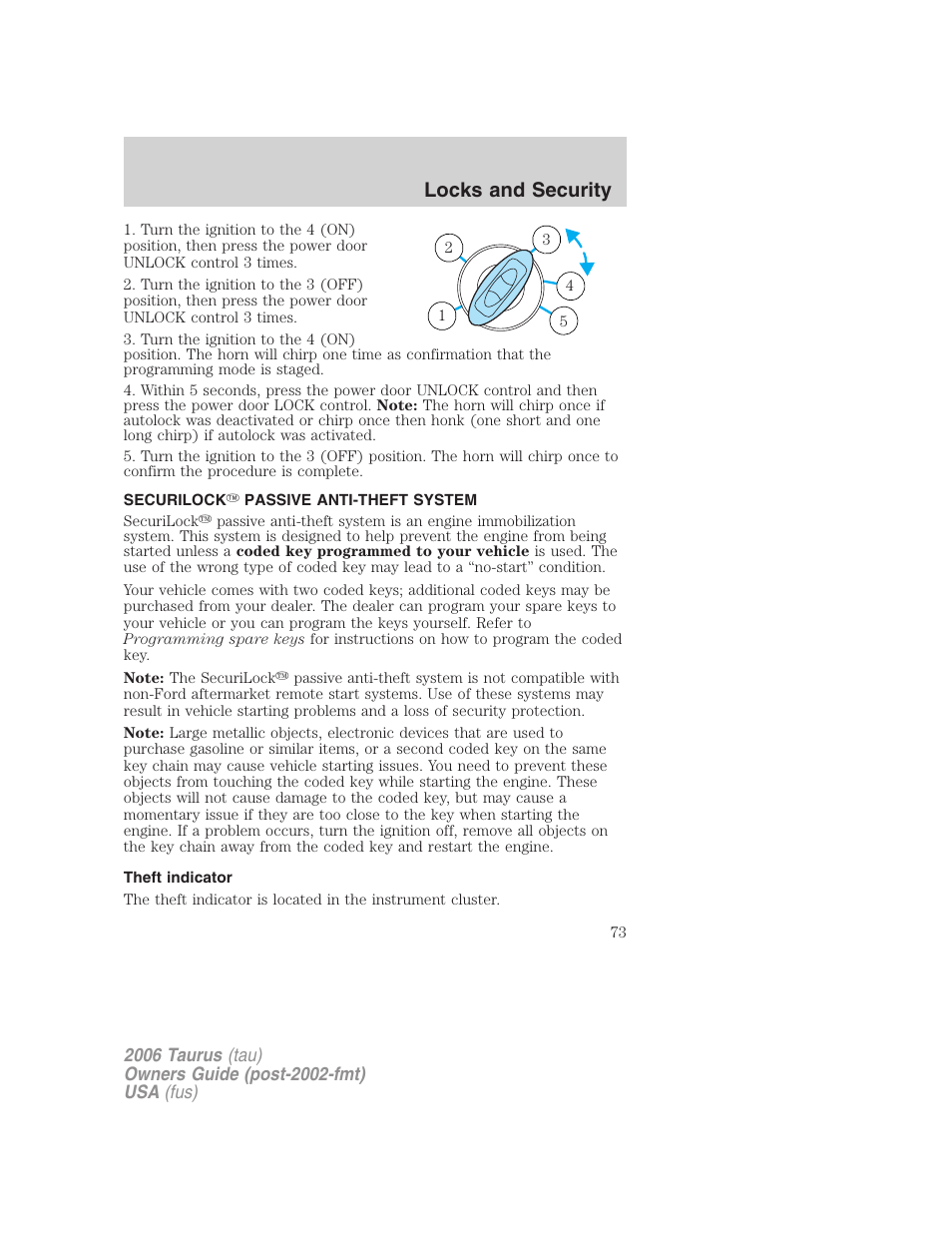 Securilock passive anti-theft system, Theft indicator, Anti-theft system | Locks and security | FORD 2006 Taurus User Manual | Page 73 / 232