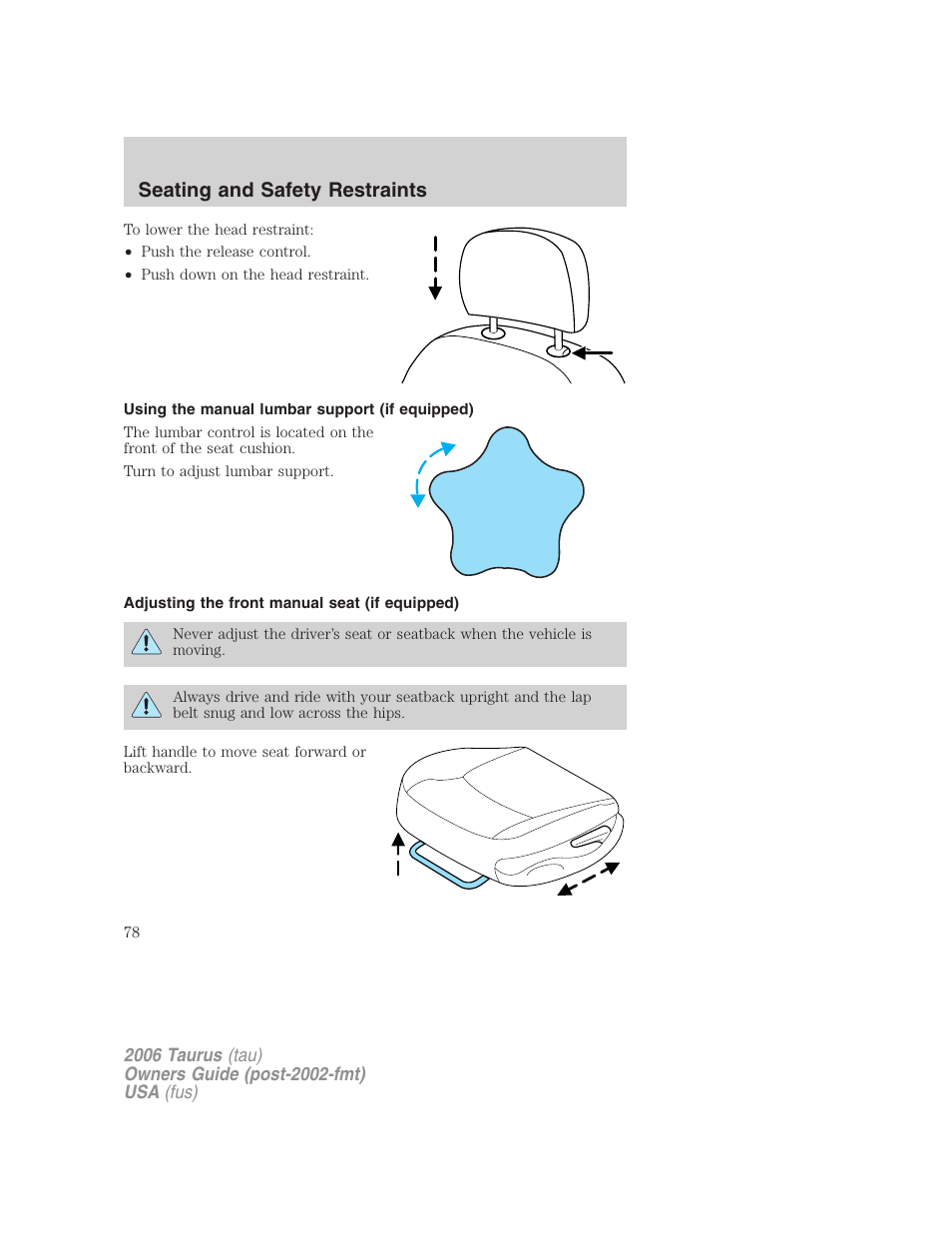 Using the manual lumbar support (if equipped), Adjusting the front manual seat (if equipped), Seating and safety restraints | FORD 2006 Taurus User Manual | Page 78 / 232