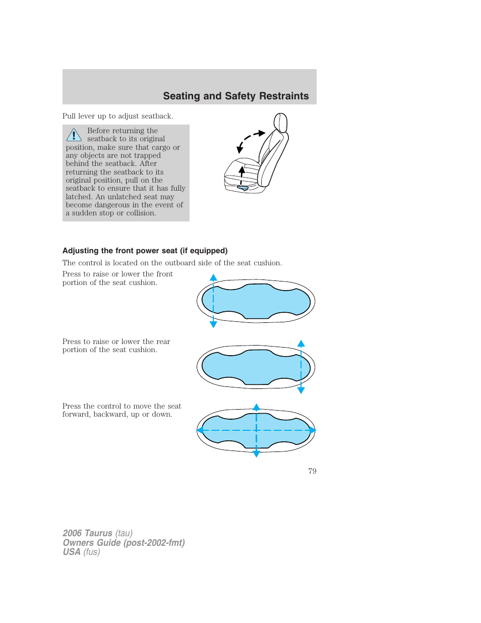 Adjusting the front power seat (if equipped), Seating and safety restraints | FORD 2006 Taurus User Manual | Page 79 / 232