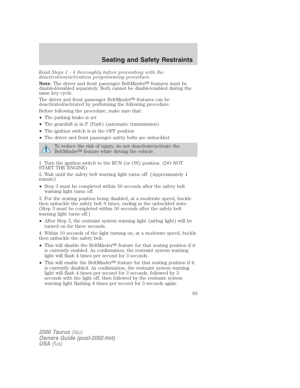 Seating and safety restraints | FORD 2006 Taurus User Manual | Page 93 / 232