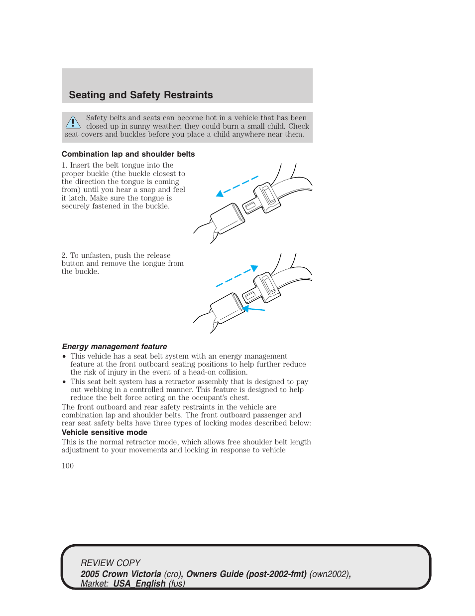 Seating and safety restraints | FORD 2005 Crown Victoria v.1 User Manual | Page 100 / 256