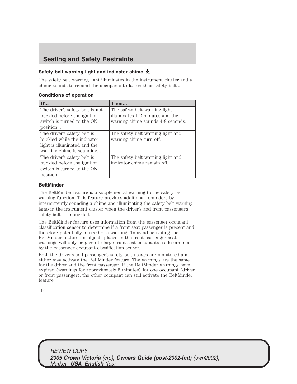 Seating and safety restraints | FORD 2005 Crown Victoria v.1 User Manual | Page 104 / 256