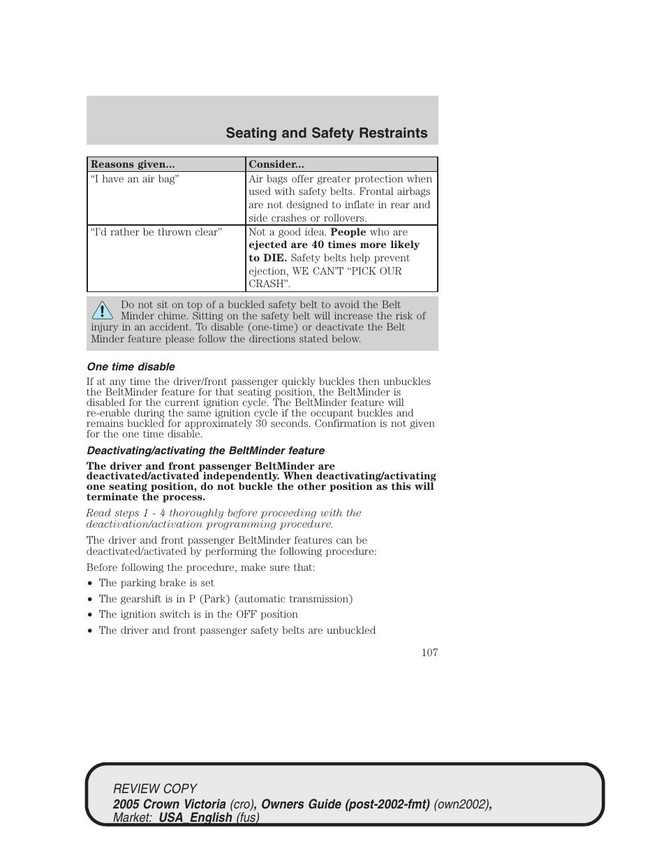 Seating and safety restraints | FORD 2005 Crown Victoria v.1 User Manual | Page 107 / 256