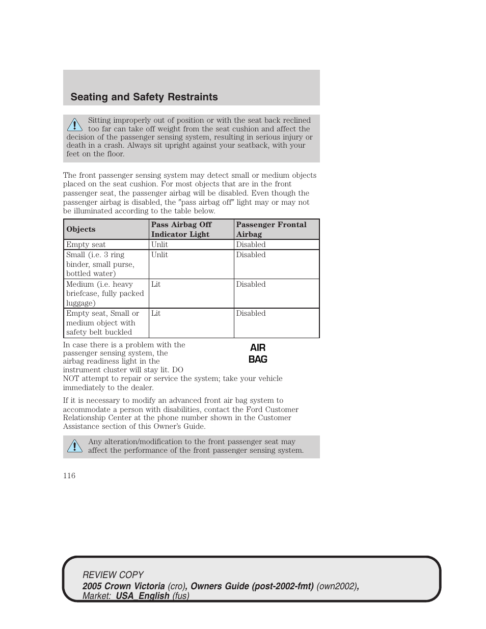 Seating and safety restraints | FORD 2005 Crown Victoria v.1 User Manual | Page 116 / 256