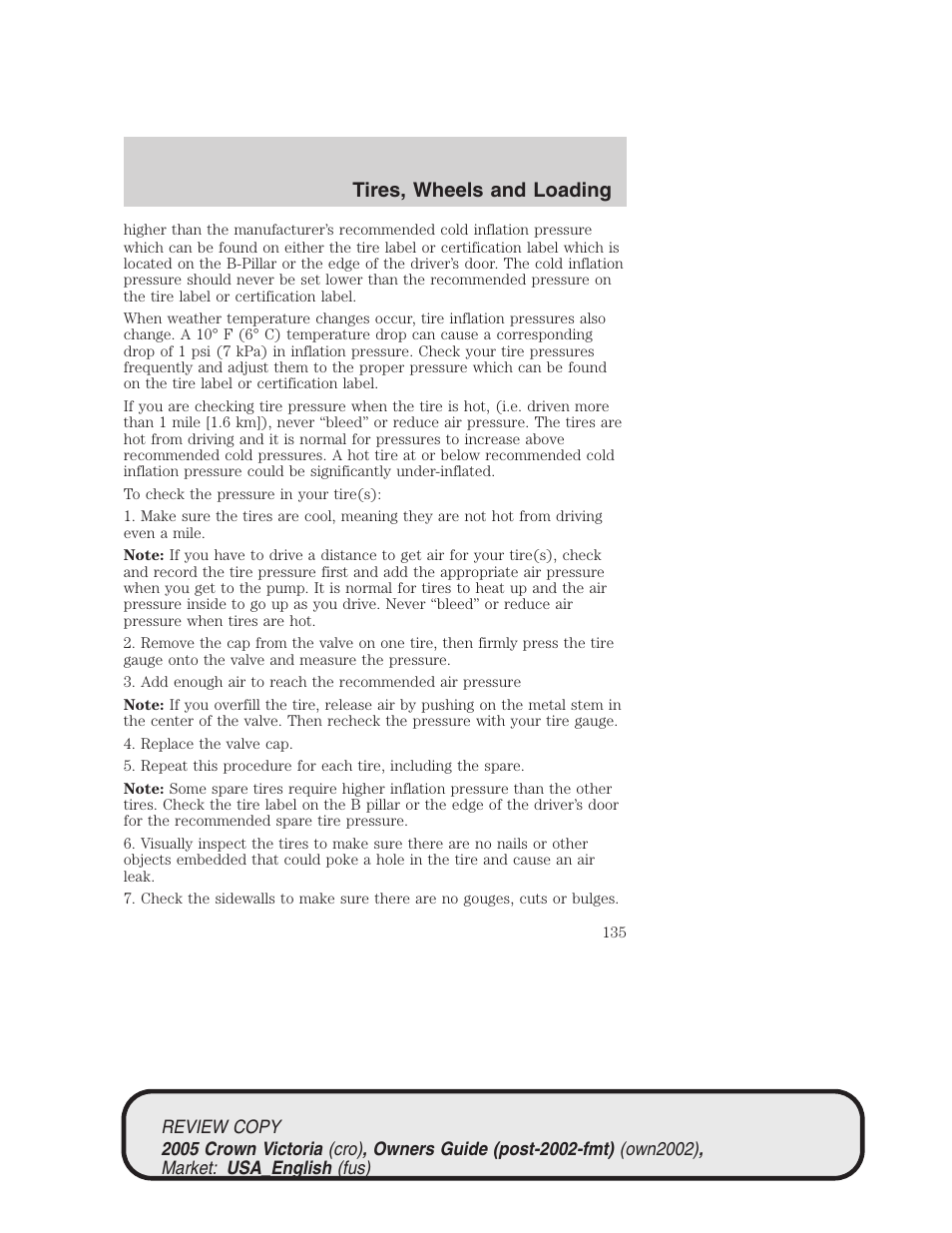 Tires, wheels and loading | FORD 2005 Crown Victoria v.1 User Manual | Page 135 / 256