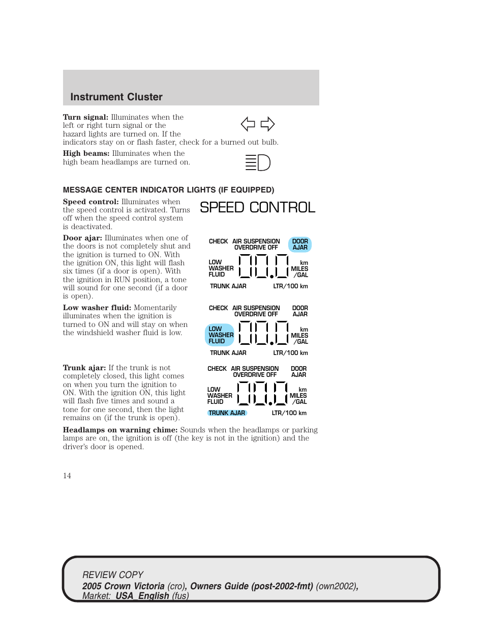 Speed control, Instrument cluster | FORD 2005 Crown Victoria v.1 User Manual | Page 14 / 256