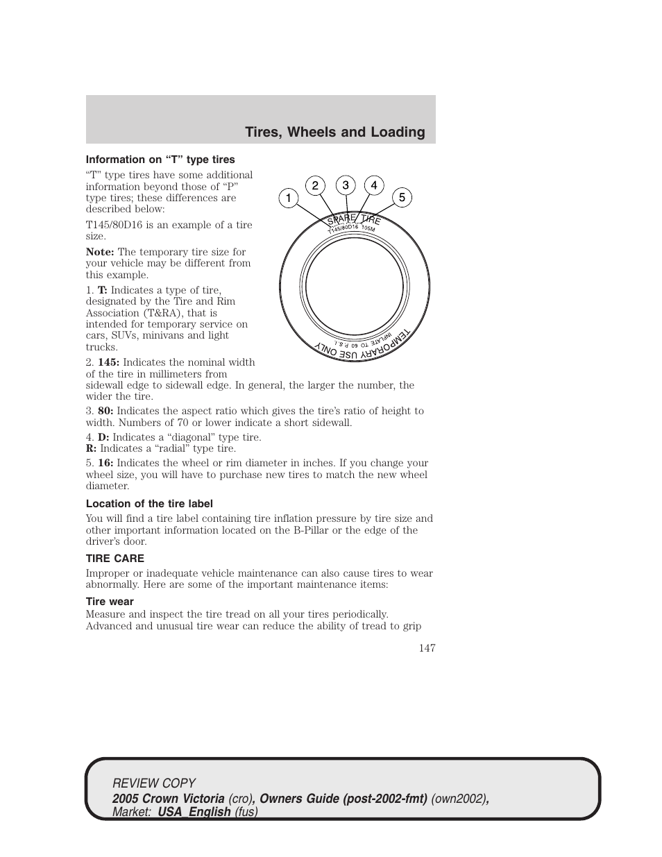 Tires, wheels and loading | FORD 2005 Crown Victoria v.1 User Manual | Page 147 / 256