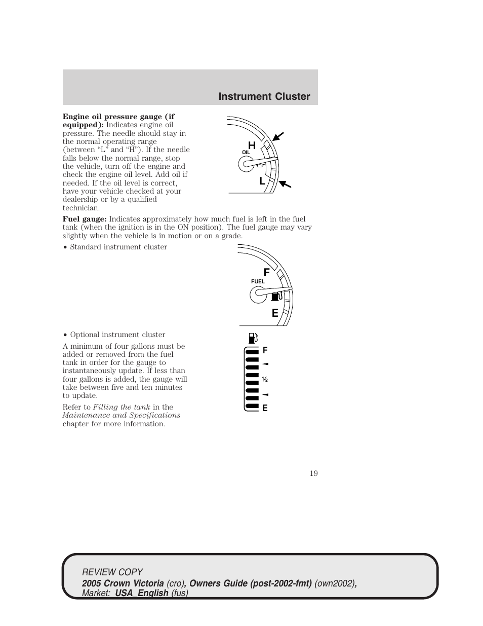 Instrument cluster | FORD 2005 Crown Victoria v.1 User Manual | Page 19 / 256