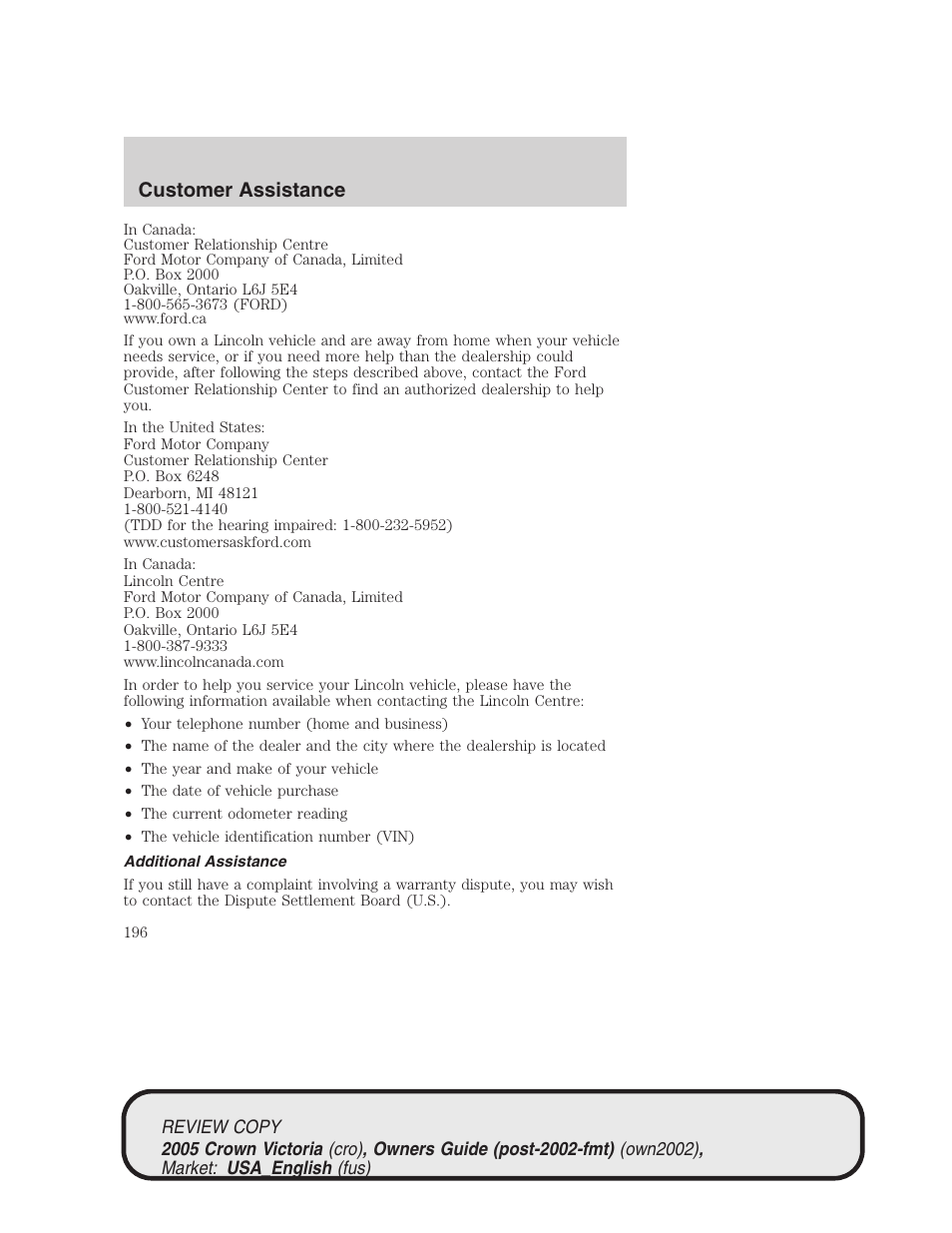 Customer assistance | FORD 2005 Crown Victoria v.1 User Manual | Page 196 / 256