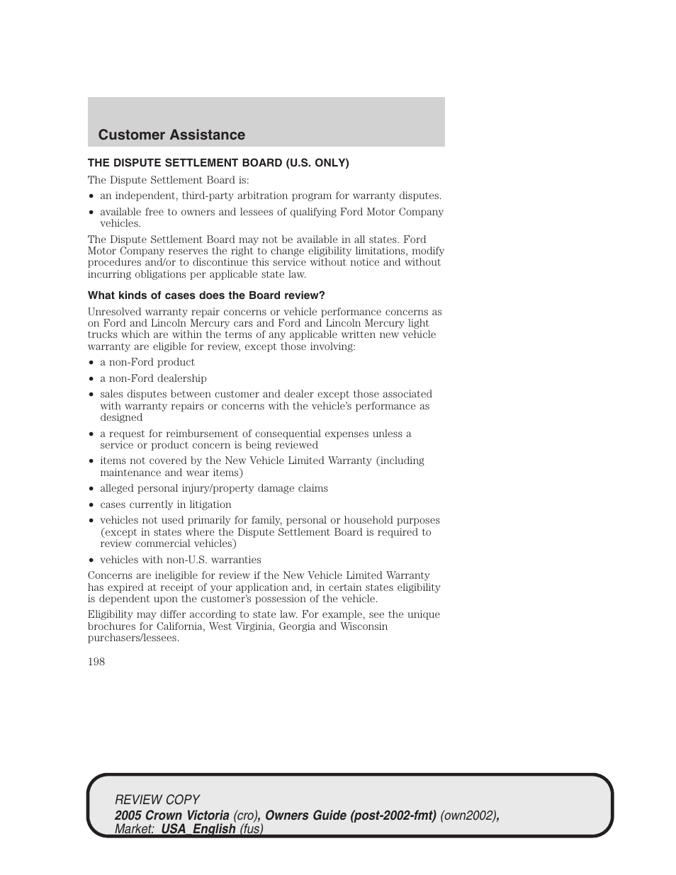 Customer assistance | FORD 2005 Crown Victoria v.1 User Manual | Page 198 / 256