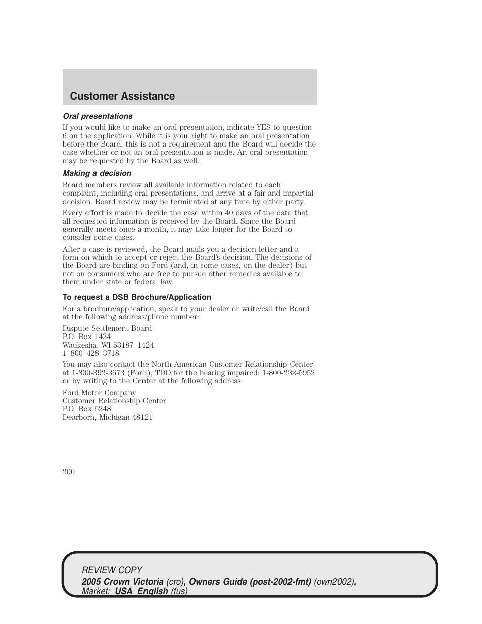 Customer assistance | FORD 2005 Crown Victoria v.1 User Manual | Page 200 / 256