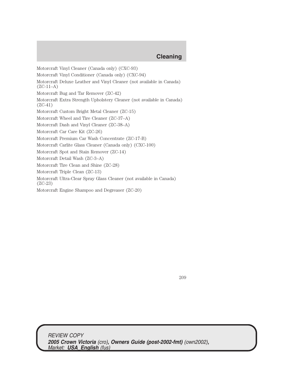 Cleaning | FORD 2005 Crown Victoria v.1 User Manual | Page 209 / 256