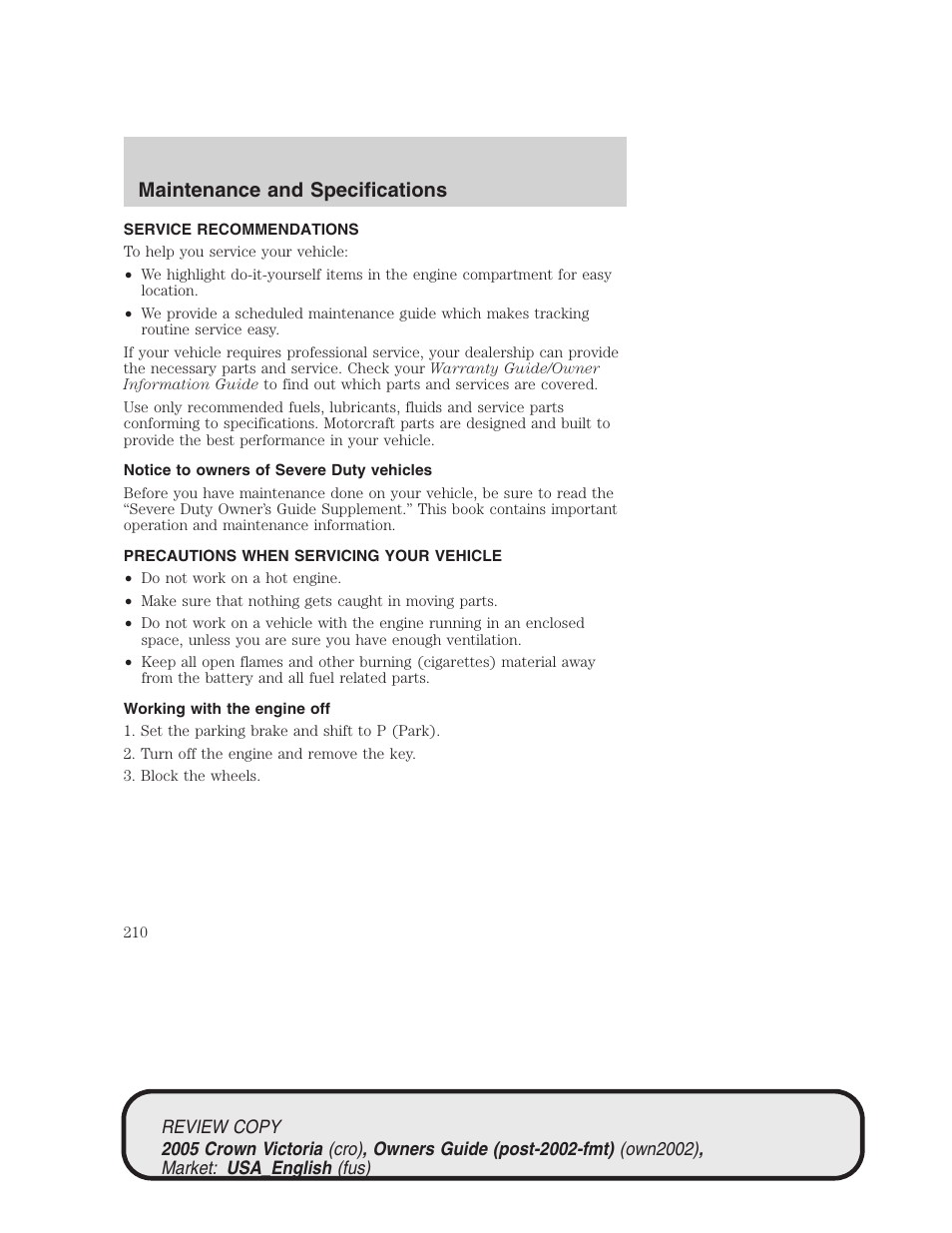 Maintenance and specifications | FORD 2005 Crown Victoria v.1 User Manual | Page 210 / 256