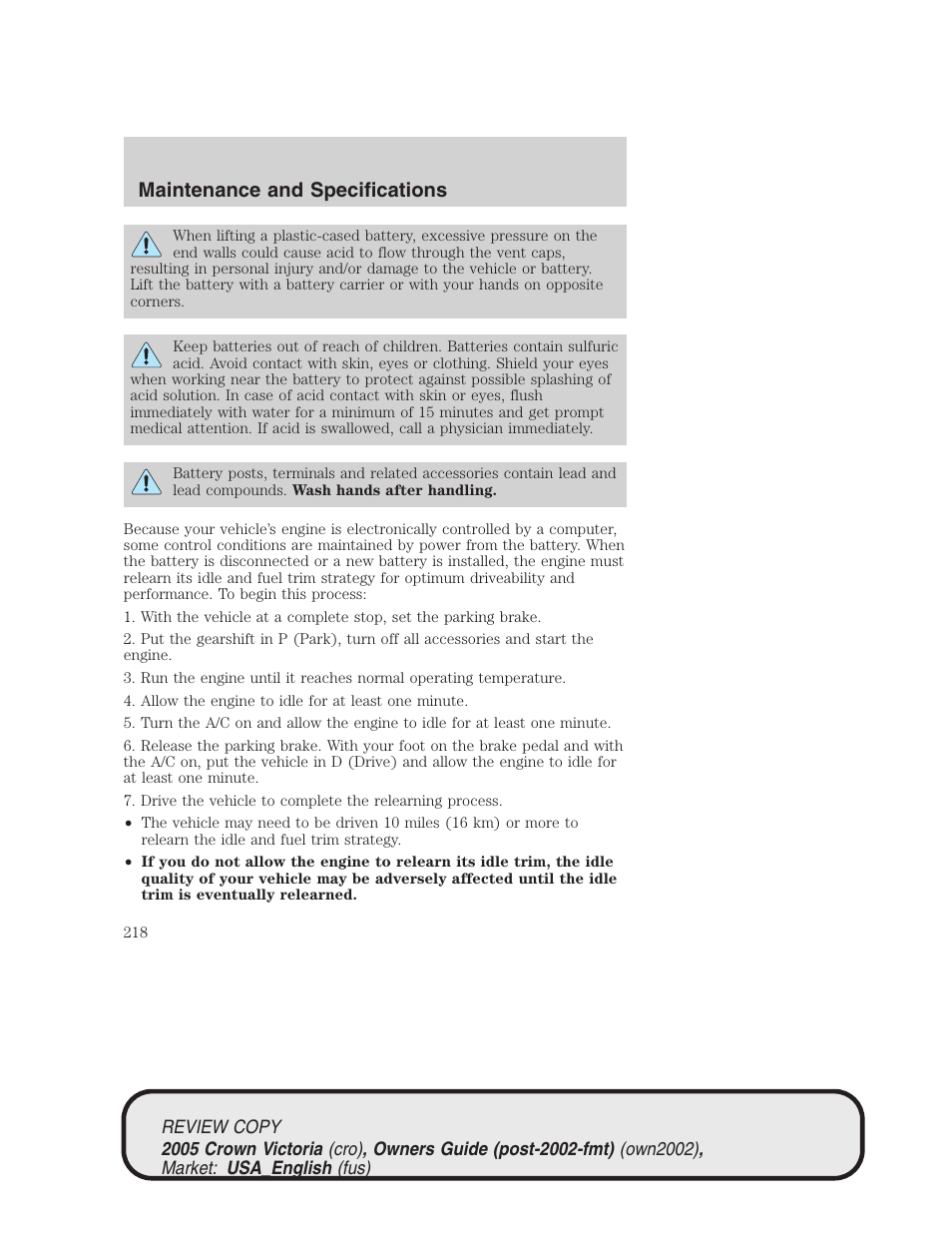 Maintenance and specifications | FORD 2005 Crown Victoria v.1 User Manual | Page 218 / 256