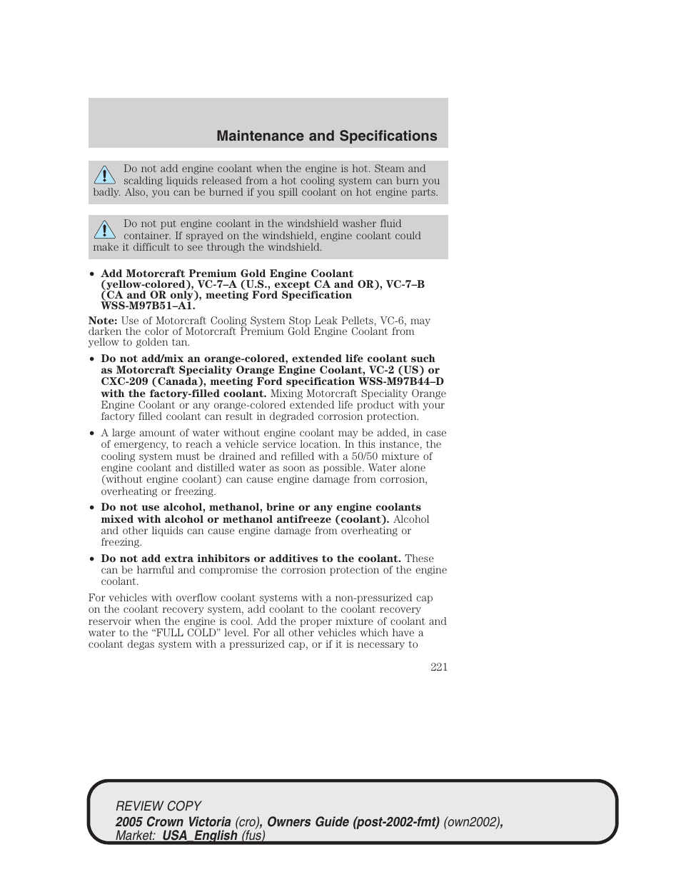 Maintenance and specifications | FORD 2005 Crown Victoria v.1 User Manual | Page 221 / 256