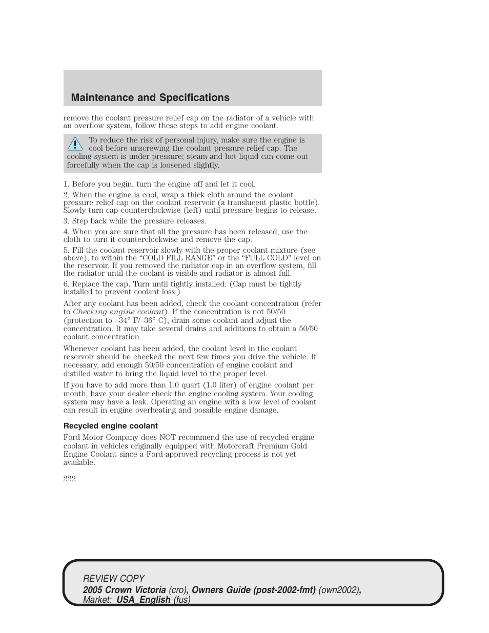 Maintenance and specifications | FORD 2005 Crown Victoria v.1 User Manual | Page 222 / 256