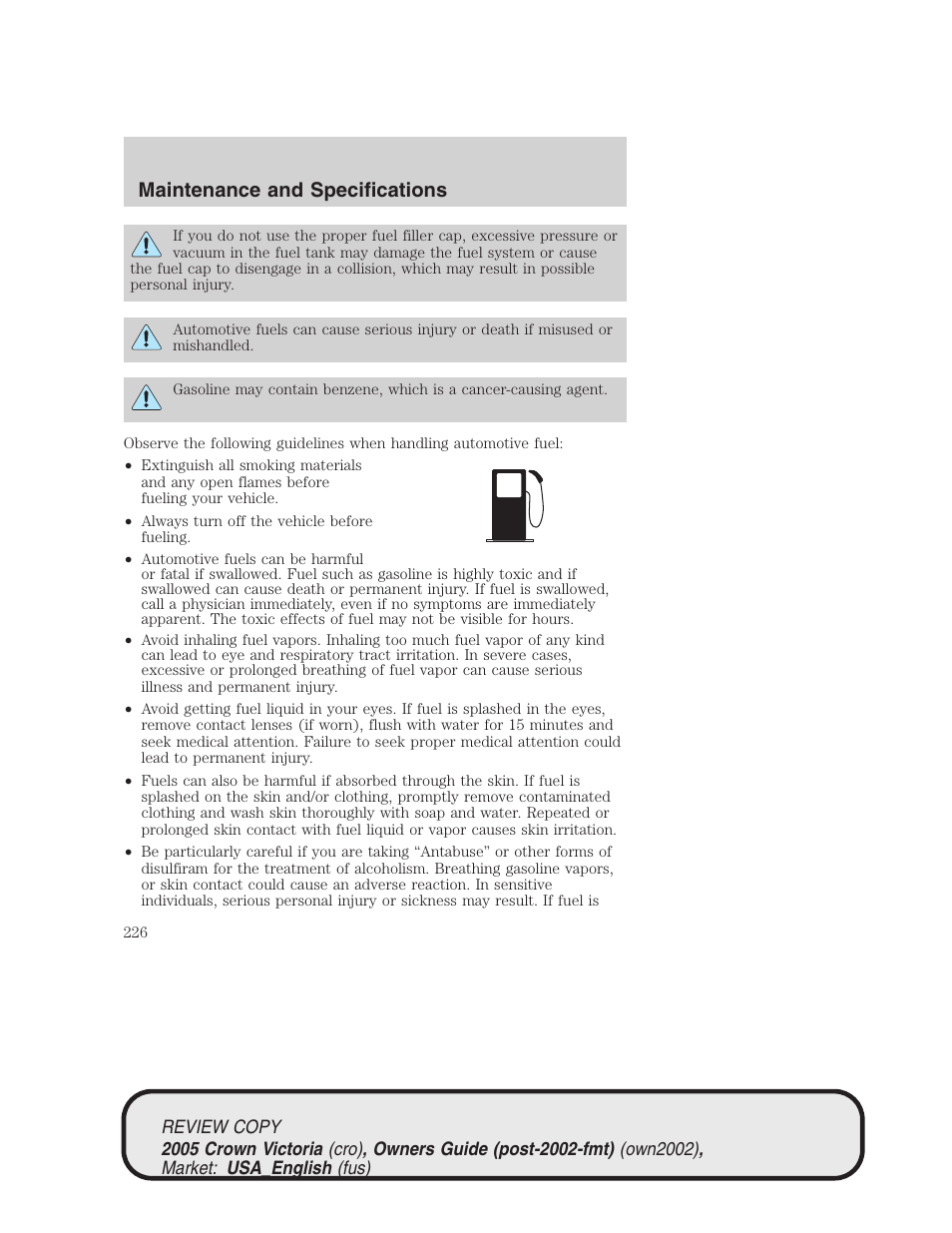 Maintenance and specifications | FORD 2005 Crown Victoria v.1 User Manual | Page 226 / 256