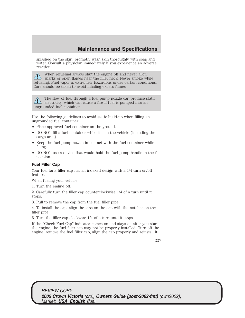 Maintenance and specifications | FORD 2005 Crown Victoria v.1 User Manual | Page 227 / 256