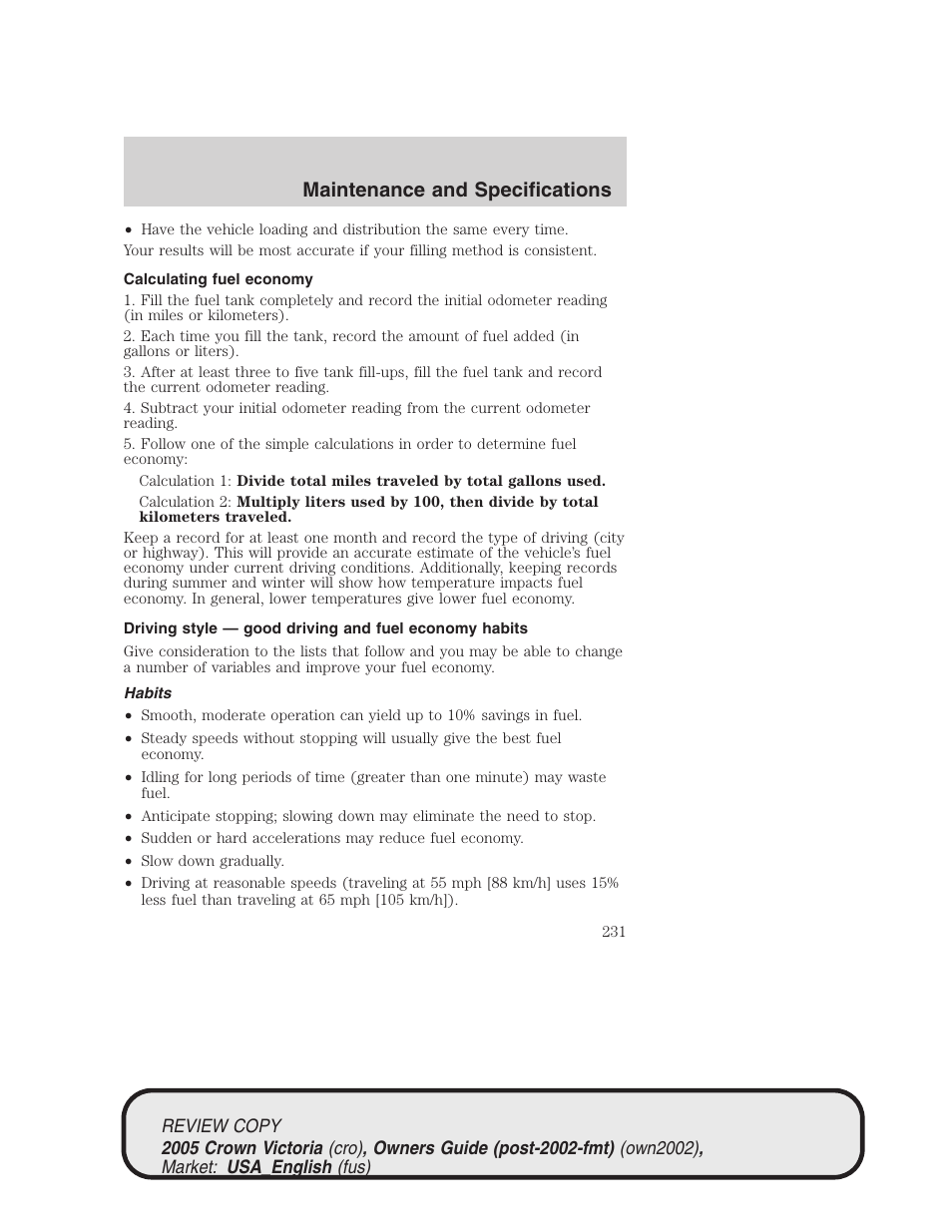 Maintenance and specifications | FORD 2005 Crown Victoria v.1 User Manual | Page 231 / 256