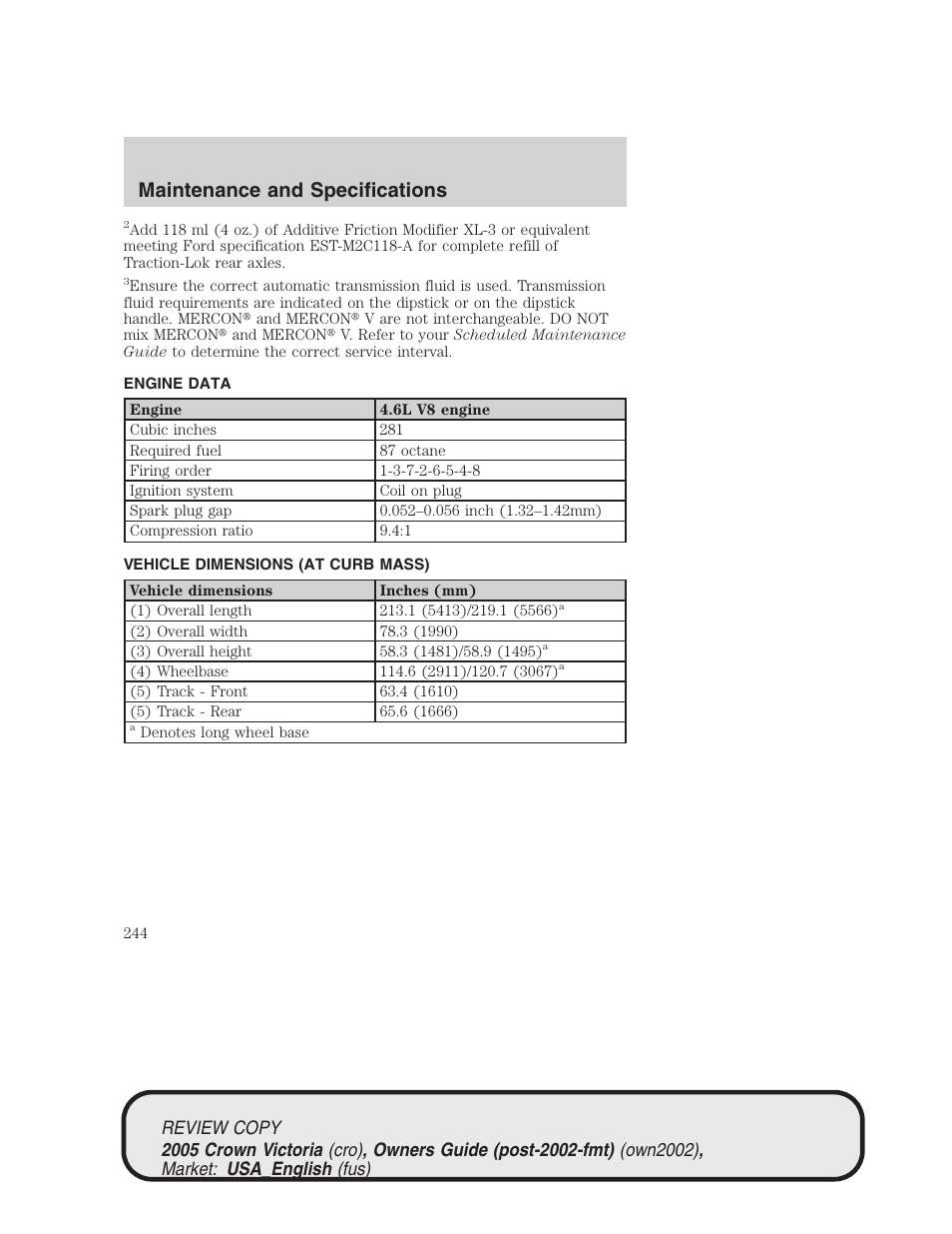 Maintenance and specifications | FORD 2005 Crown Victoria v.1 User Manual | Page 244 / 256