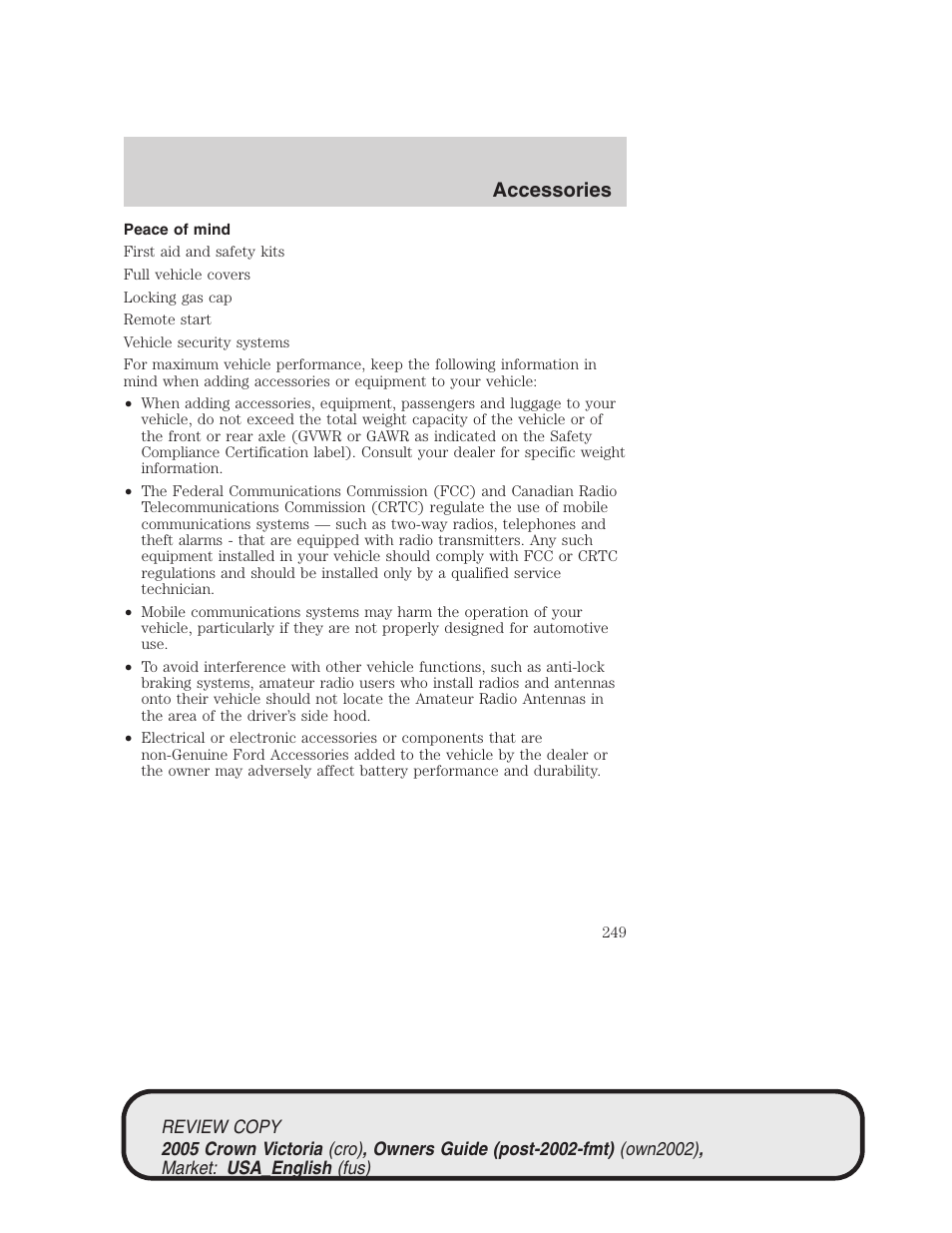 Accessories | FORD 2005 Crown Victoria v.1 User Manual | Page 249 / 256