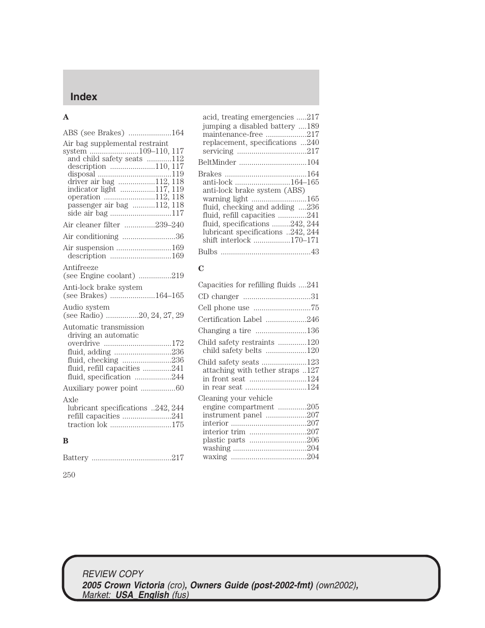 Index | FORD 2005 Crown Victoria v.1 User Manual | Page 250 / 256