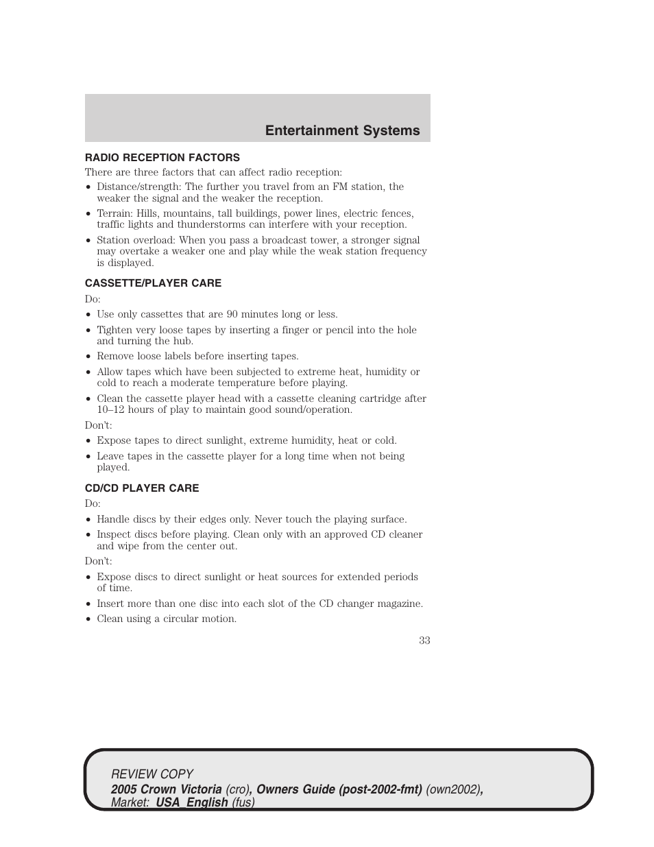 Entertainment systems | FORD 2005 Crown Victoria v.1 User Manual | Page 33 / 256