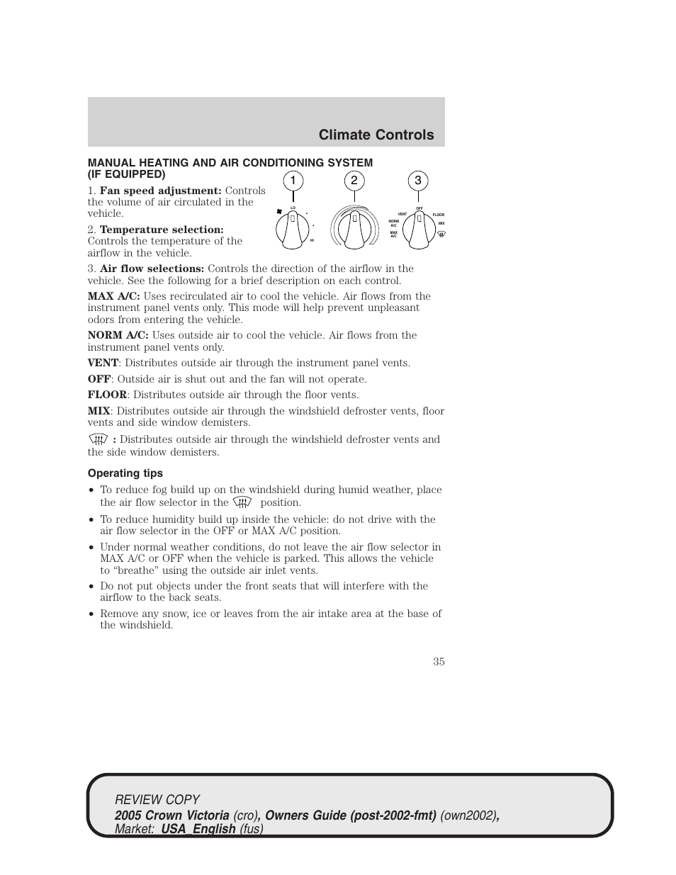 Climate controls | FORD 2005 Crown Victoria v.1 User Manual | Page 35 / 256