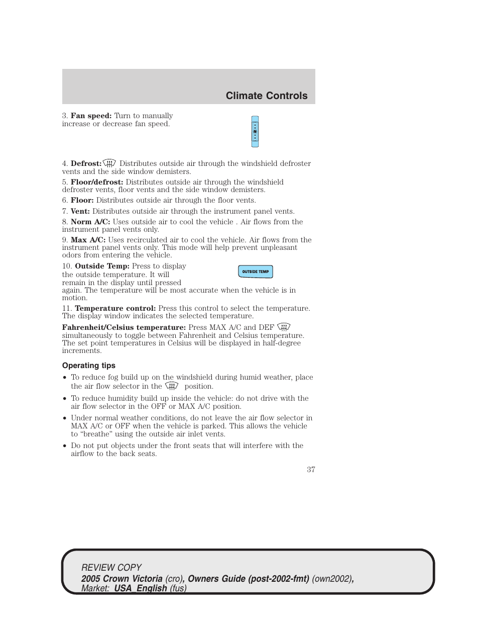 Climate controls | FORD 2005 Crown Victoria v.1 User Manual | Page 37 / 256