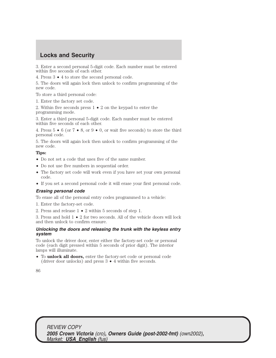 Locks and security | FORD 2005 Crown Victoria v.1 User Manual | Page 86 / 256