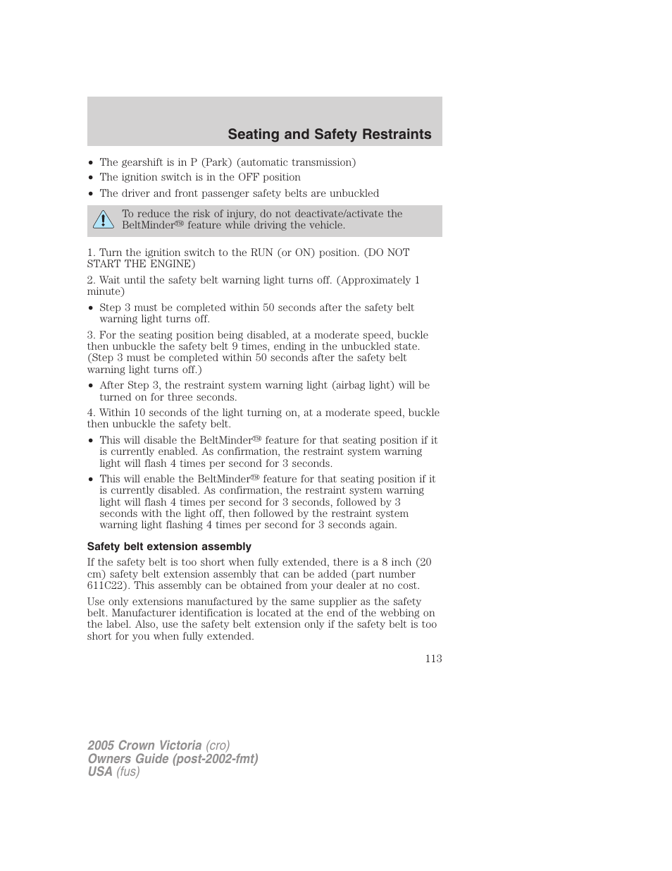 Safety belt extension assembly, Seating and safety restraints | FORD 2005 Crown Victoria v.3 User Manual | Page 113 / 264