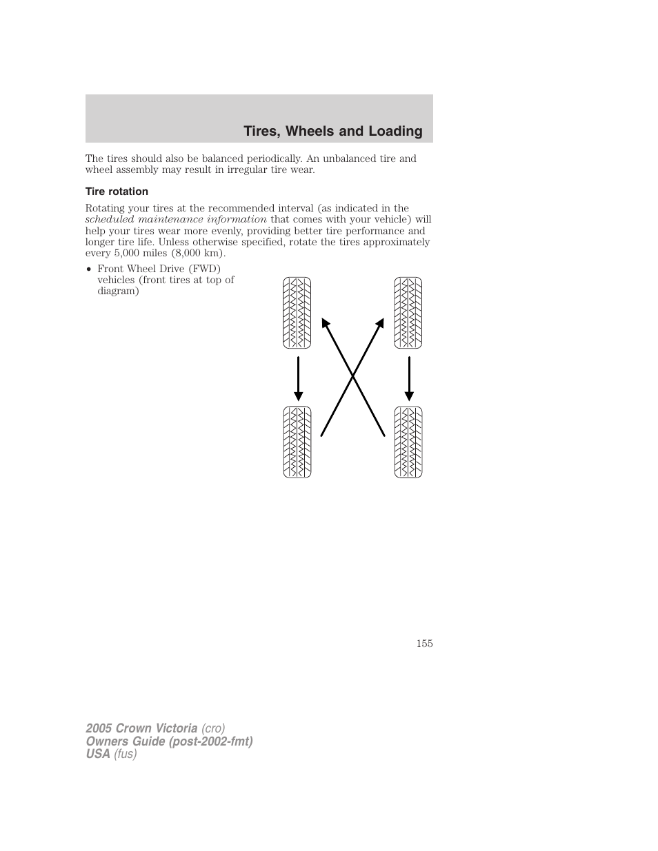 Tire rotation, Tires, wheels and loading | FORD 2005 Crown Victoria v.3 User Manual | Page 155 / 264