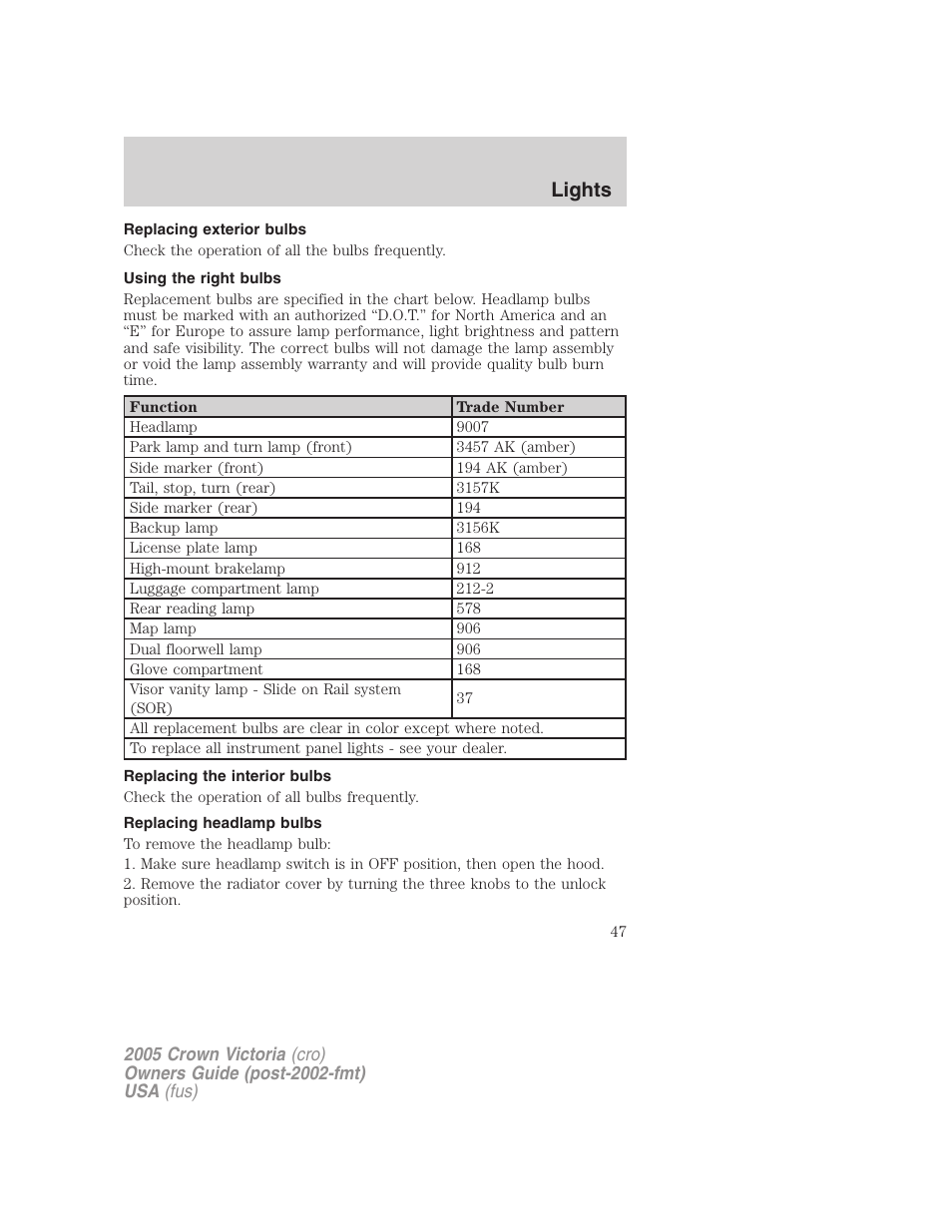 Replacing exterior bulbs, Using the right bulbs, Replacing the interior bulbs | Replacing headlamp bulbs, Lights | FORD 2005 Crown Victoria v.3 User Manual | Page 47 / 264