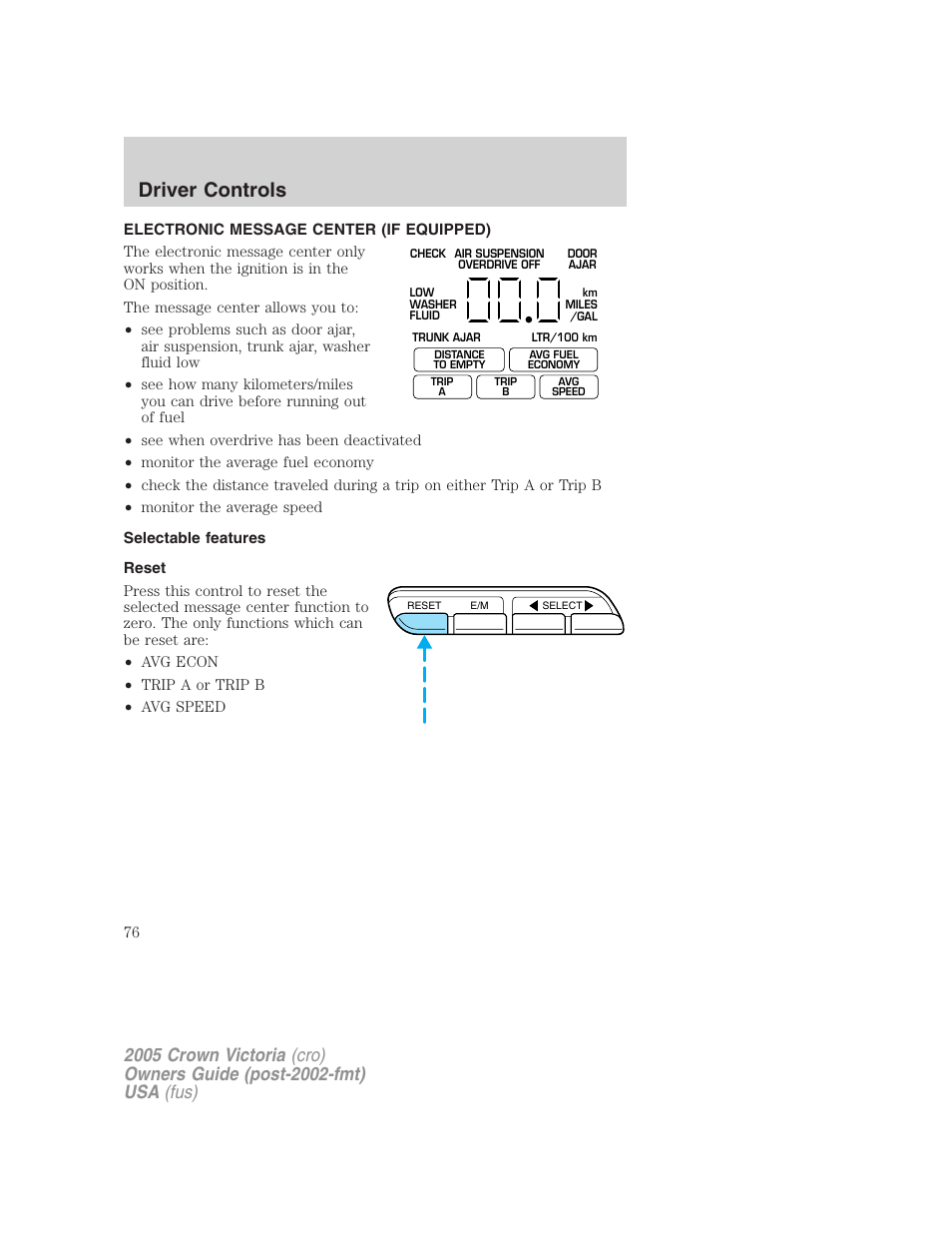 Electronic message center (if equipped), Selectable features, Reset | Message center, Driver controls | FORD 2005 Crown Victoria v.3 User Manual | Page 76 / 264