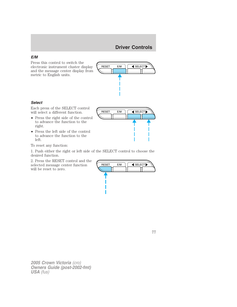 Select, Driver controls | FORD 2005 Crown Victoria v.3 User Manual | Page 77 / 264