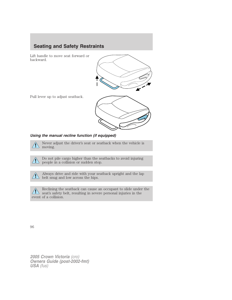 Using the manual recline function (if equipped), Seating and safety restraints | FORD 2005 Crown Victoria v.3 User Manual | Page 96 / 264