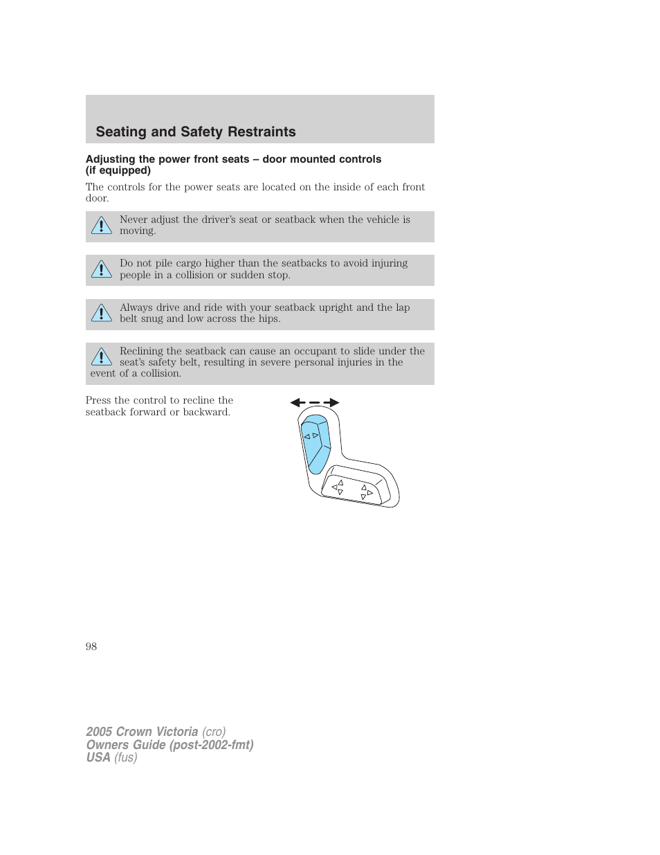 Seating and safety restraints | FORD 2005 Crown Victoria v.3 User Manual | Page 98 / 264