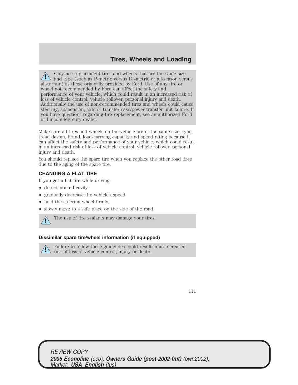 Tires, wheels and loading | FORD 2005 E-450 v.1 User Manual | Page 111 / 248