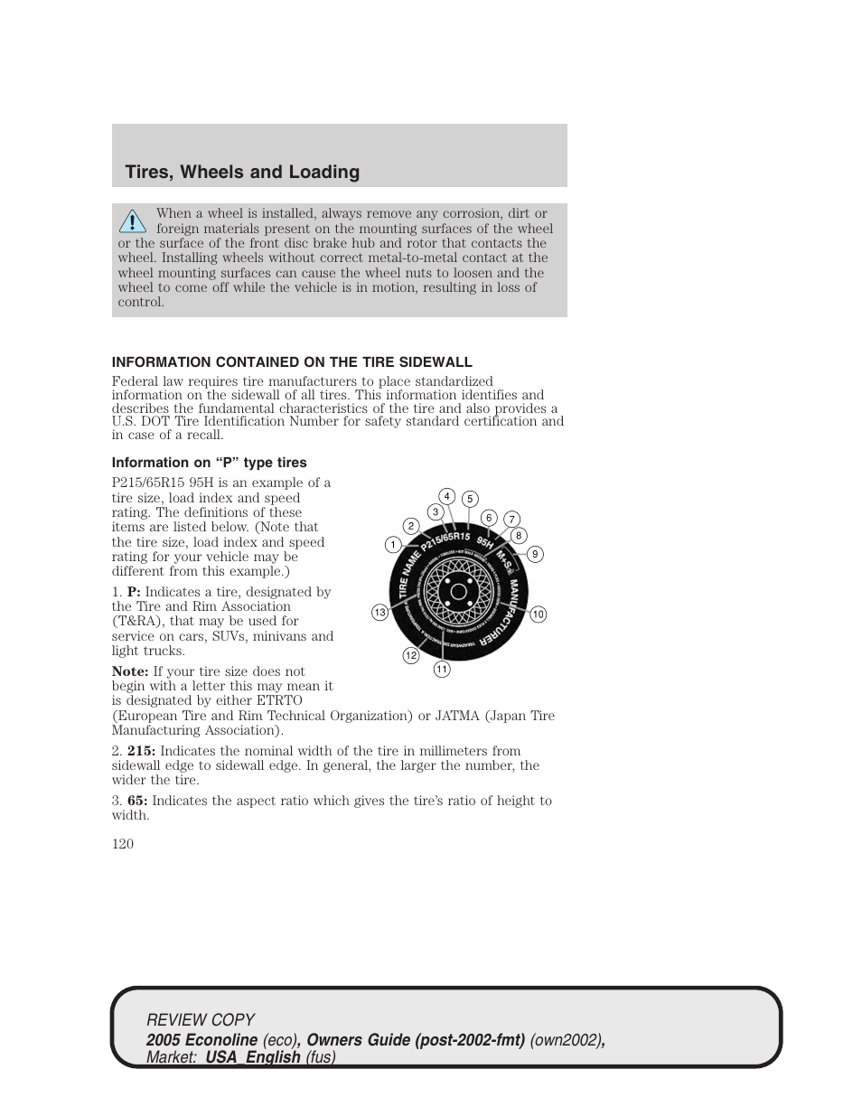 Tires, wheels and loading | FORD 2005 E-450 v.1 User Manual | Page 120 / 248