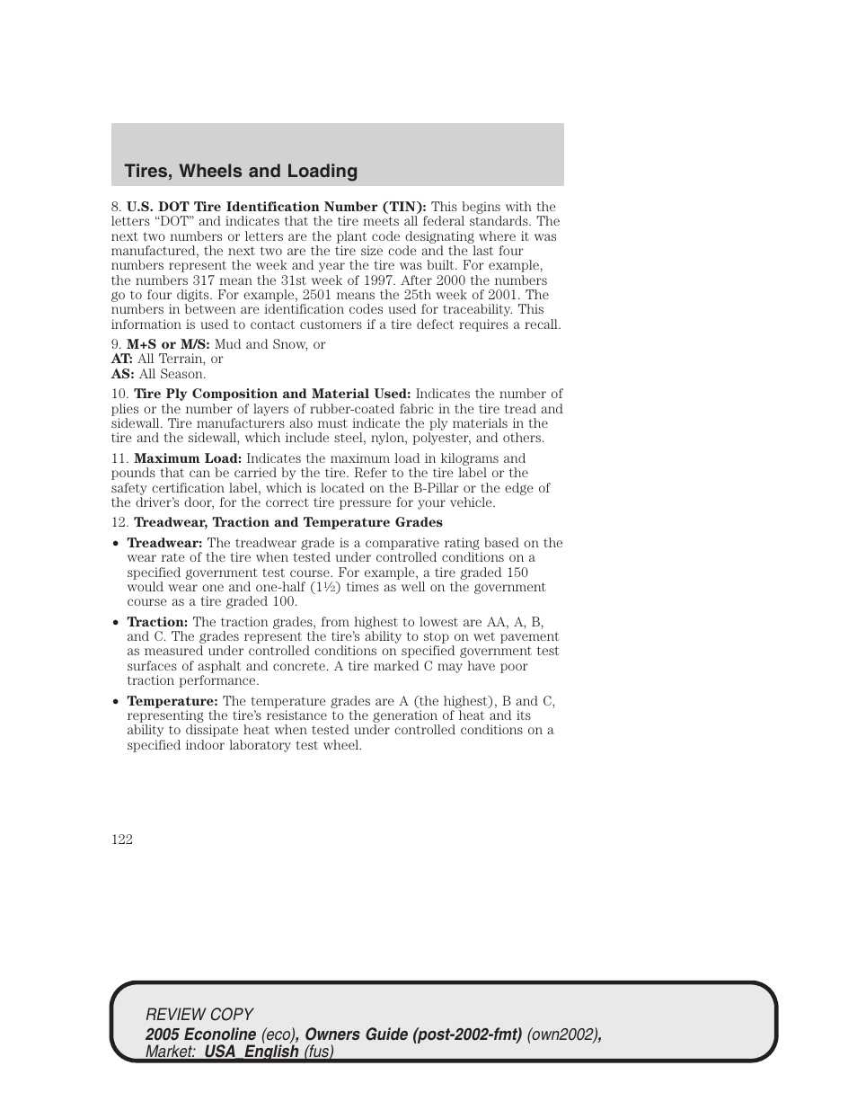 Tires, wheels and loading | FORD 2005 E-450 v.1 User Manual | Page 122 / 248