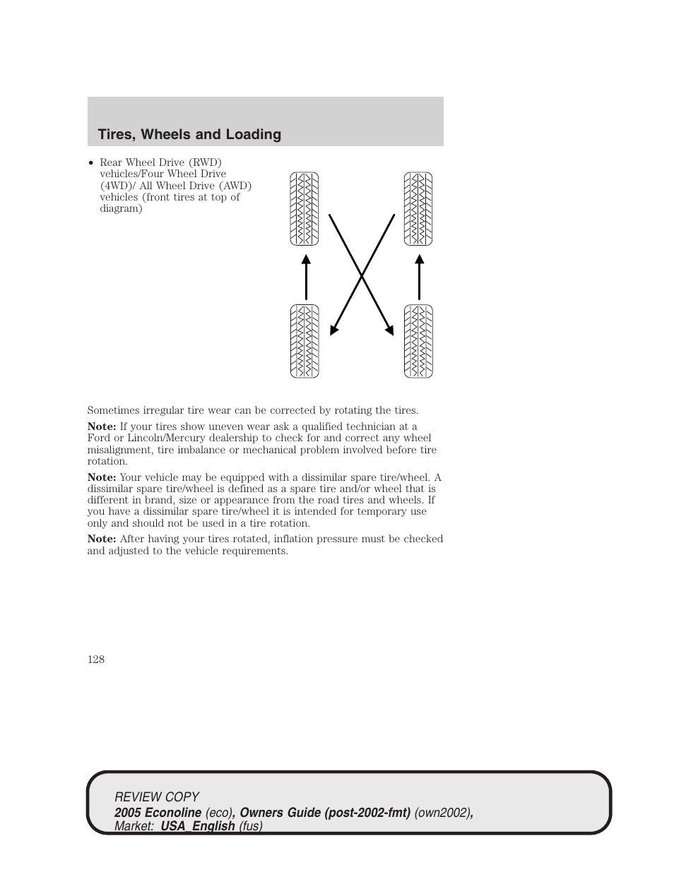 Tires, wheels and loading | FORD 2005 E-450 v.1 User Manual | Page 128 / 248