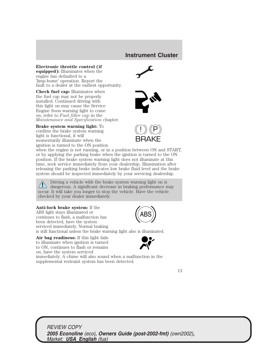 P! brake abs | FORD 2005 E-450 v.1 User Manual | Page 13 / 248