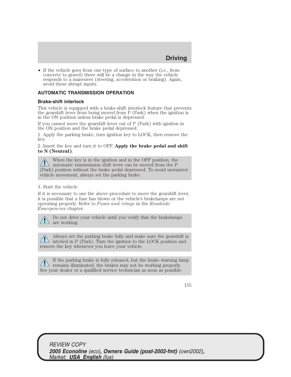 Driving | FORD 2005 E-450 v.1 User Manual | Page 155 / 248